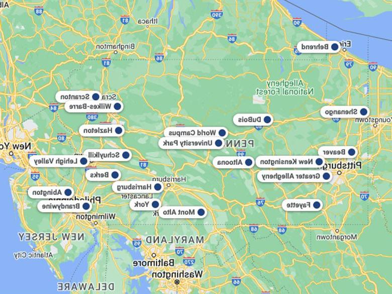 A map of 宾西法尼亚 showing all Penn State campuses